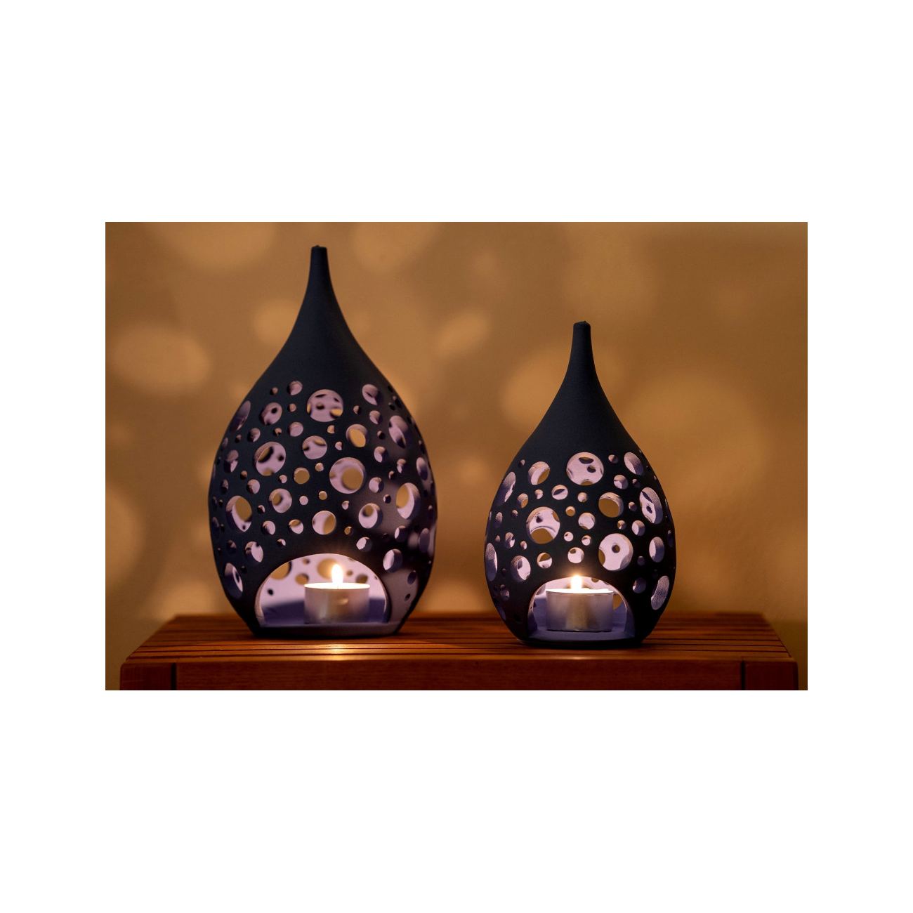 Set of 2 Modern Ceramic Tealight Candle Lanterns, Blue Color, Large
